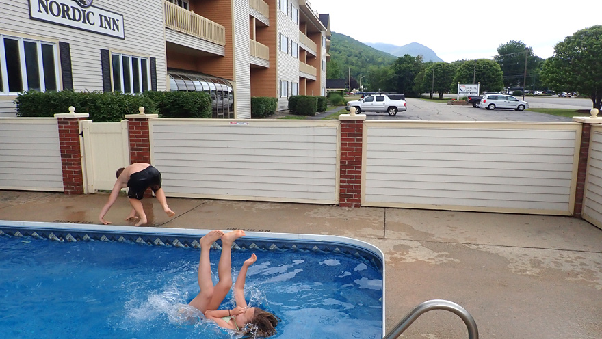 Doing a flip at Nordic Inn pool